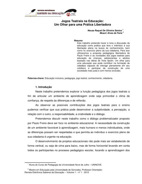 Jogos Teatrais na Educação: Um Olhar para uma  - FAC São Roque