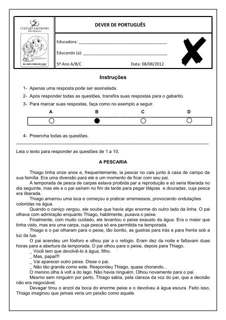 DEVER DE PORTUGUÊS Instruções
