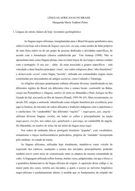 LÍNGUAS AFRICANAS NO BRASIL Margarida Maria Taddoni Petter ...