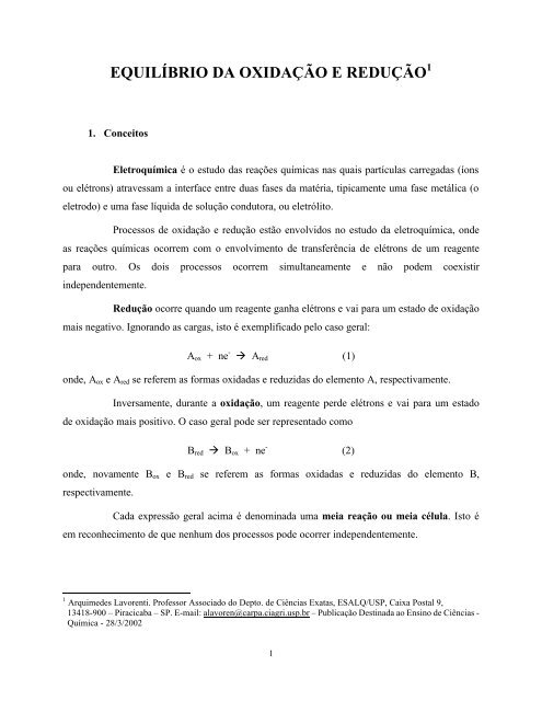 Equilíbrio da oxidação e redução - Departamento de Ciências ...