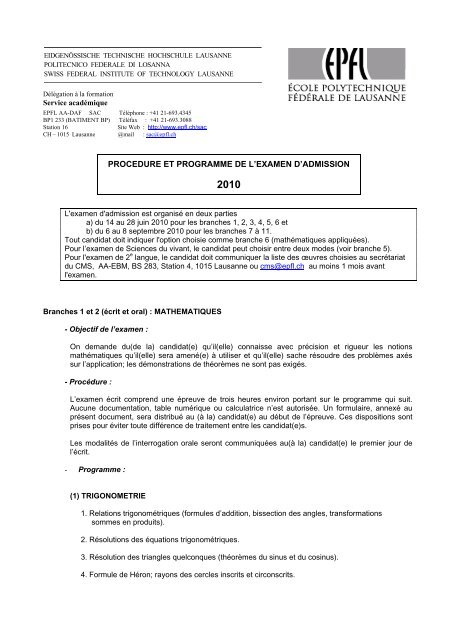 Procedure Et Programme De Lexamen Dadmission Epfl - 