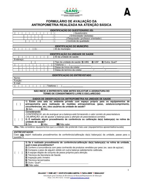 formulário de avaliação da antropometria realizada na ... - Redesans