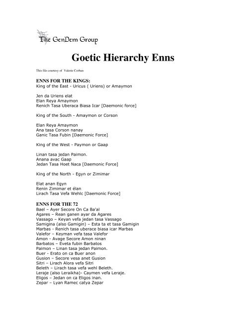 Goetic Hierarchy Enns - Demonolatry
