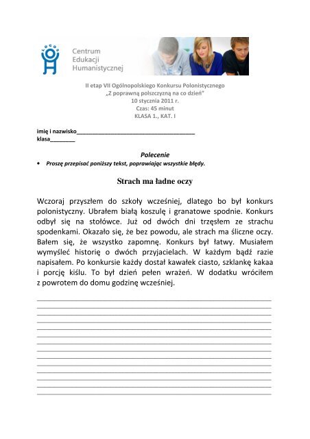 Polszczyzna Na Co Dzień Sprawdzian Kl.1 Technikum