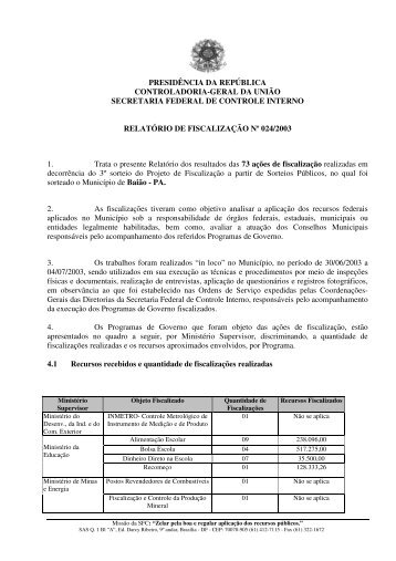 relatório de fiscalização nº 024 município de baião - Controladoria ...