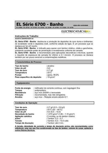EL Série 6700 - Banho cópia não controlada - Electrochemical