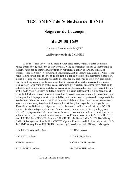 TESTAMENT de Noble Jean de BANIS Seigneur de Luzençon du ...