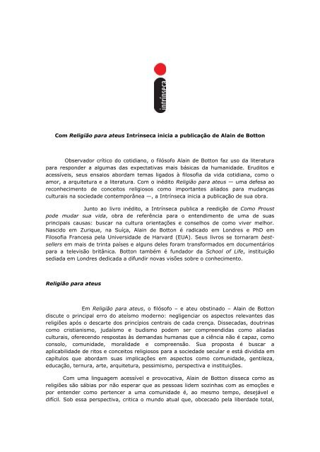 Release de imprensa - Editora Intrínseca