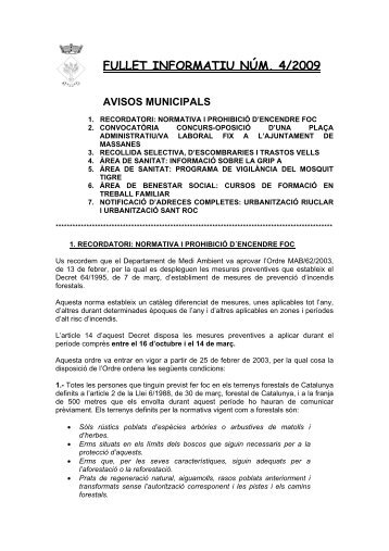 FULLET INFORMATIU NÚM. 4/2009 - Ajuntament de Massanes