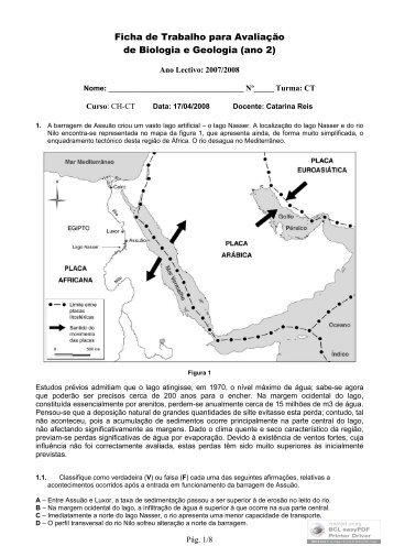 Ficha de Trabalho para avaliação sobre Geologia (ocupação