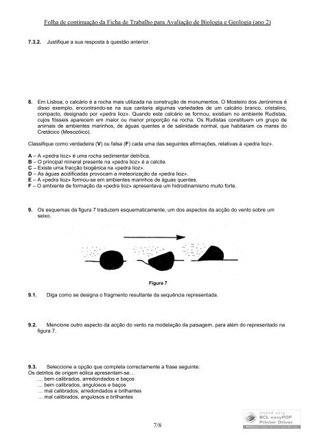 Ficha de Trabalho para avaliação sobre Geologia (ocupação