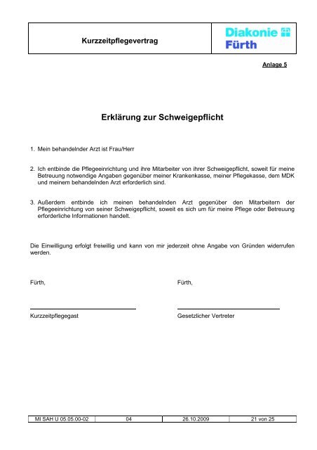 Heimvertrag Kurzzeitpflege SOF - Diakonie Fürth