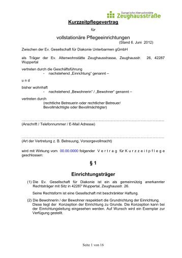 Kurzzeitpflegevertrag - Evangelische Altenwohnstätte Wuppertal