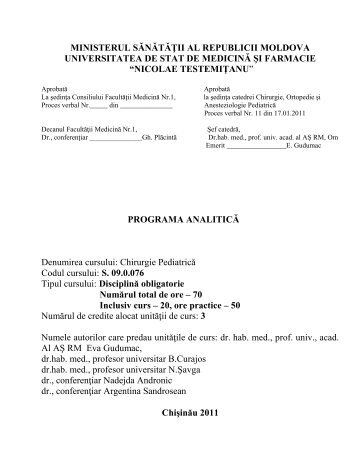 Programa analitică - Universitatea de Medicină şi Farmacie