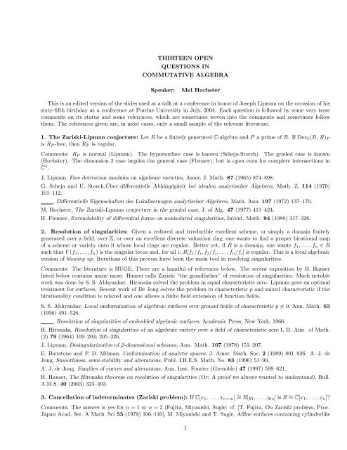 Thirteen Open Questions in Commutative Algebra - University of ...