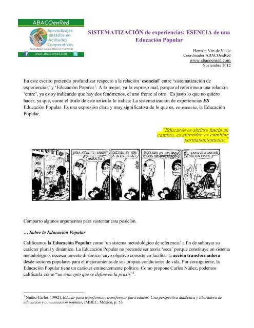 'Sistematización de Experiencias' y Educación Popular - Educacion ...