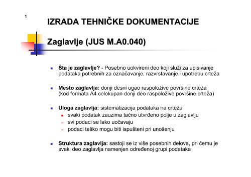 IZRADA TEHNIČKE DOKUMENTACIJE Zaglavlje (JUS M.A0.040)