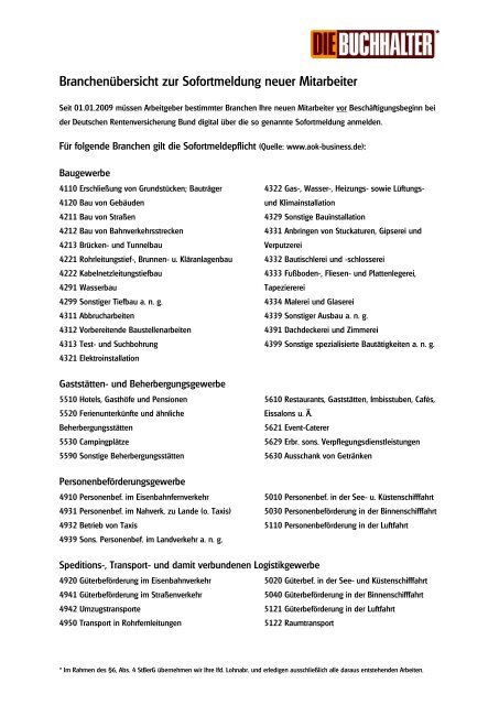 Branchenübersicht zur Sofortmeldung - Die-buchhalter.net