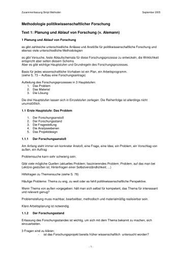 Methodologie politikwissenschaftlicher Forschung Text 1: Planung ...