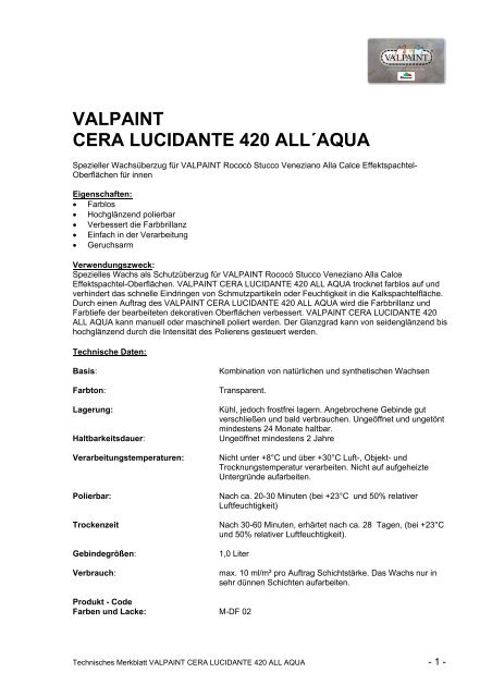 VALPAINT CERA LUCIDANTE 420 ALL´AQUA - Diessner