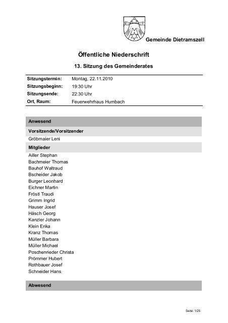 Öffentliche Niederschrift - Gemeinde Dietramszell