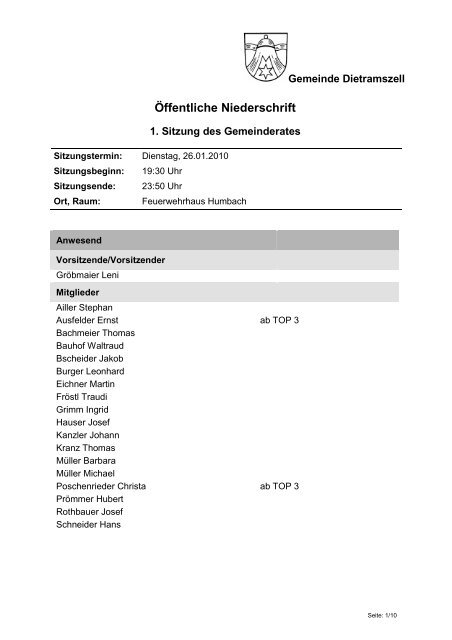 Öffentliche Niederschrift - Gemeinde Dietramszell