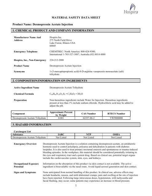 Desmopressin Acetate Injection 1. CHEMICAL PRODUCT ... - Hospira