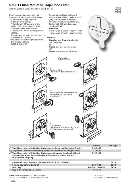 6 1381 Flush Mounted Trap Door Latch Dirak