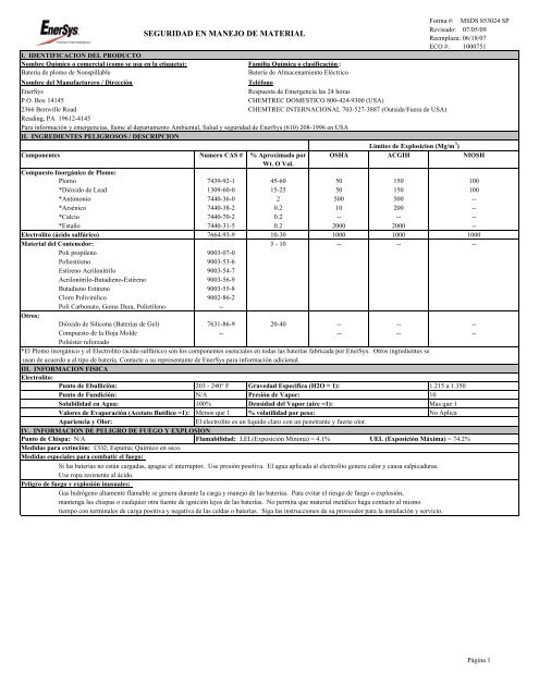 MSDS 853024 SP Lead Acid Battery Non-Spillable ... - EnerSys