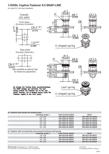 1-035SL Captive Fastener 9.5 SNAP-LINE - Dirak