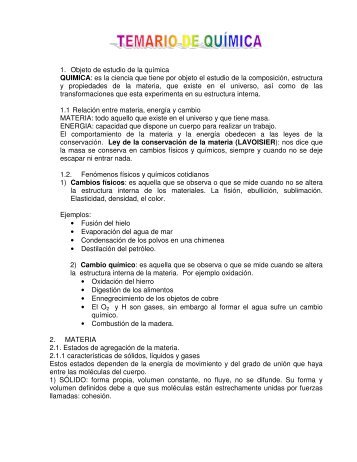 1. Objeto de estudio de la química QUIMICA: es la ciencia que tiene ...