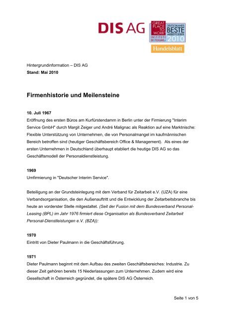 Firmenhistorie und Meilensteine - DIS AG