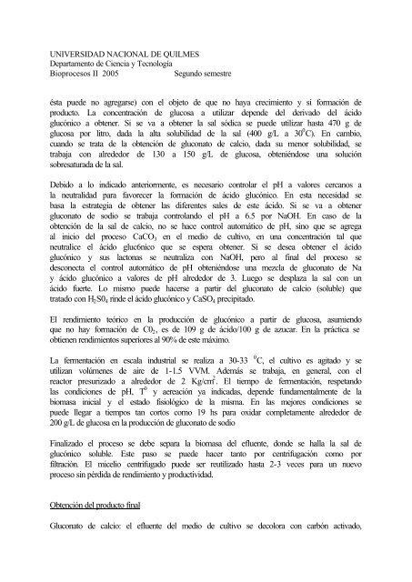 Produccion de acido gluconico - Universidad Nacional de Quilmes