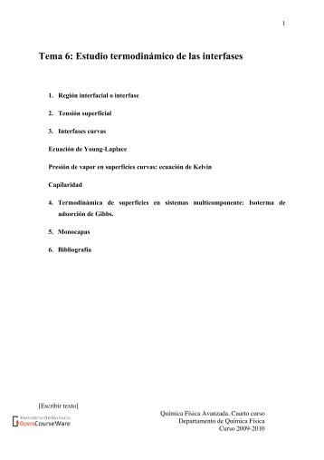 Tema 6: Estudio termodinámico de las interfases