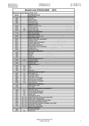 Bestell Liste Stecklinge 2012 - Bigler Samen AG