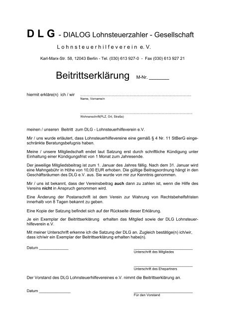 Beitrittserklärung ausdrucken - DLG Lohnsteuerhilfeverein