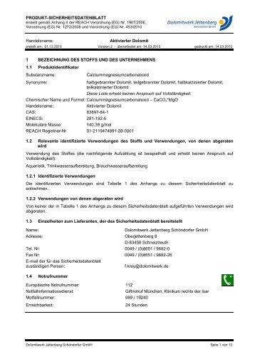 Sicherheitsdatenblatt aktivierter Dolomit - Dolomitwerk