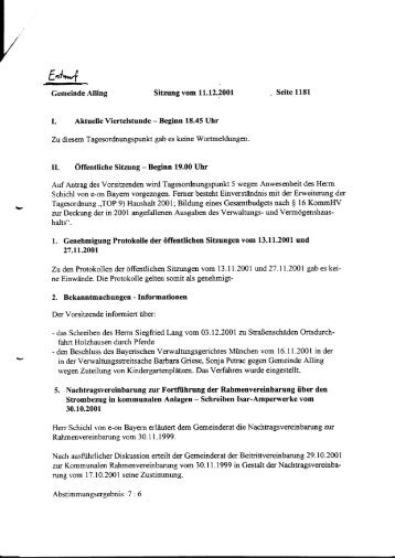 Protokoll-Entwurf der Gemeinderatssitzung am 11.12.2001