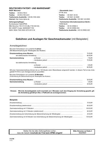 Gebühren und Auslagen für Geschmacksmuster (mit ... - DPMA