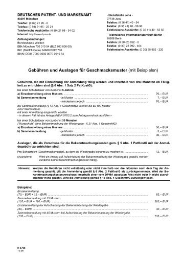 Gebühren und Auslagen für Geschmacksmuster (mit ... - DPMA