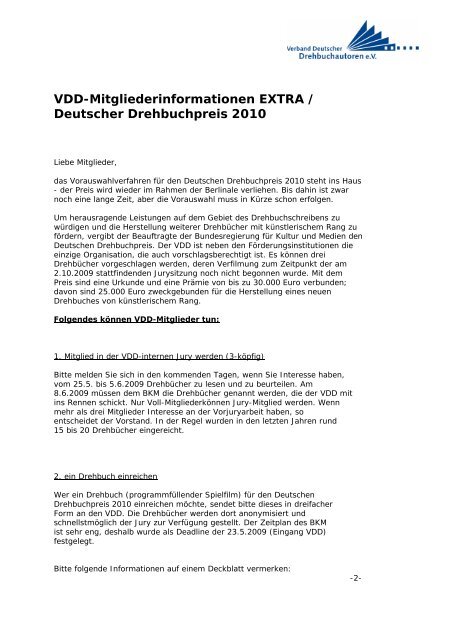 VDD-Mitgliederinformationen EXTRA / Deutscher Drehbuchpreis 2010