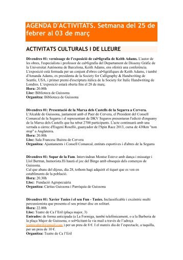 AGENDA D'ACTIVITATS. Setmana del 25 de febrer al 03 de març