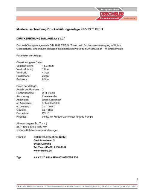 1 Musterausschreibung Druckerhöhungsanlage SAYEC ... - Dretec.de