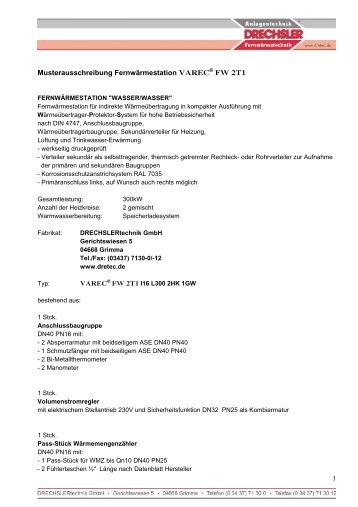 1 Musterausschreibung Fernwärmestation VAREC® FW ... - Dretec.de