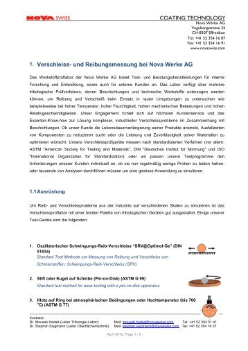 1. Verschleiss- und Reibungsmessung bei Nova Werke AG