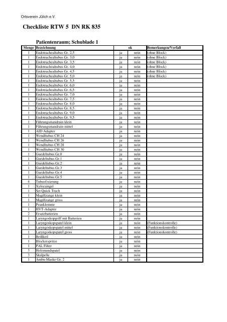 Checkliste RTW 5 - DRK Jülich