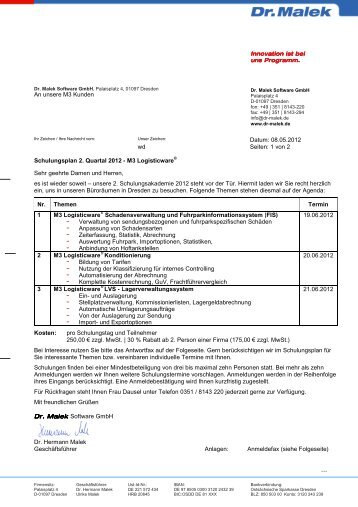 1 von 2 Schulungsplan 2. Quartal 2012 - Dr. Malek Software GmbH