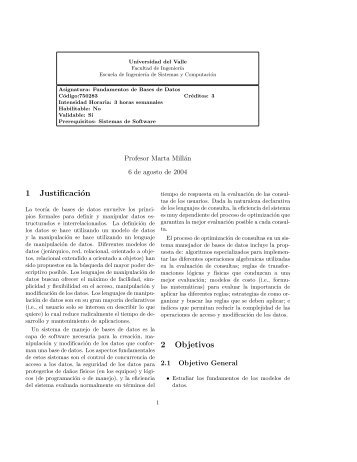 1 Justificación 2 Objetivos - La Escuela de Ingeniería de Sistemas y ...