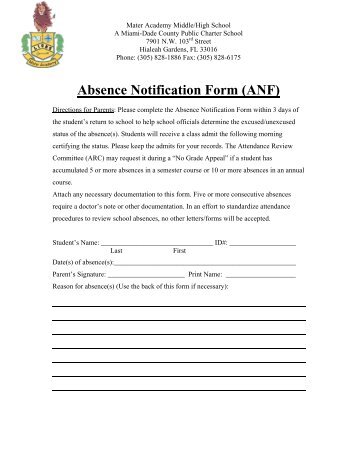 Absence Notification Form (ANF) - Mater Academy Charter Middle ...