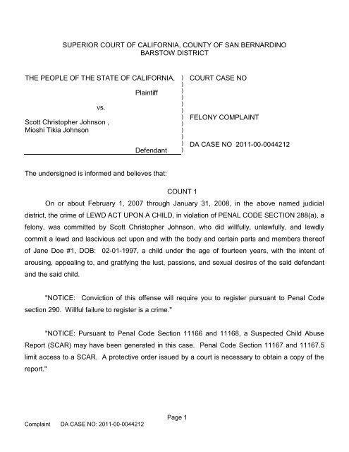 Complaint Filing Document - San Bernardino County District Attorney